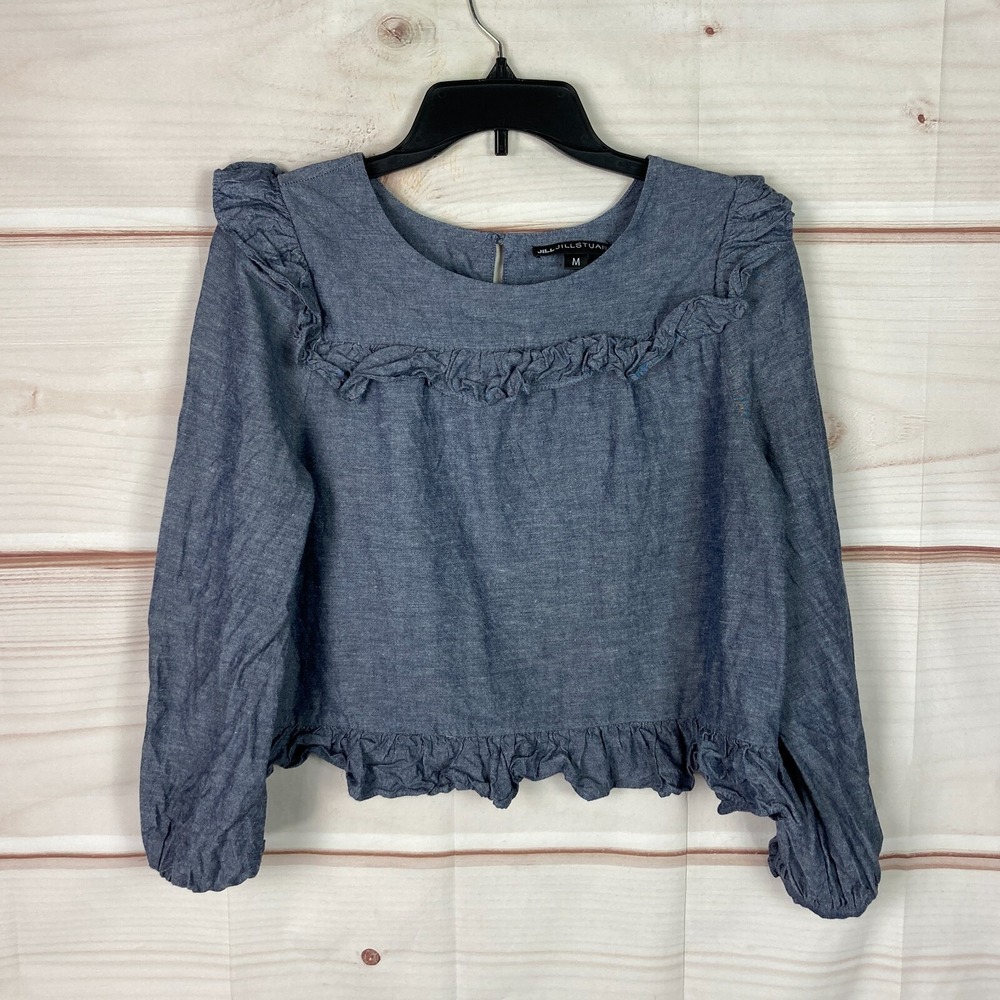 Jill Jill Stuart Top Womens M Blue Chambray Blouse Ruffle Pullover Cropped Solid
